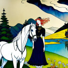 Illustration of woman with flowing hair next to white horse in vibrant landscape