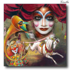 Mystical woman with elaborate makeup and attire, two stylized figures, and white horse on colorful