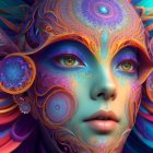 Colorful digital artwork: woman's face with surreal swirls and tree-like elements