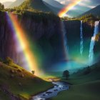 Scenic landscape with waterfall, rainbow, river, and flowers