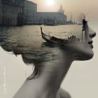 Woman's profile merging with seascape and gondola under Venice sunset