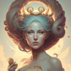 Fantastical woman with blue hair and golden crown in dreamy illustration