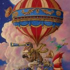 Colorful surreal painting: Hot air balloon amidst intricate patterns in cosmic scene