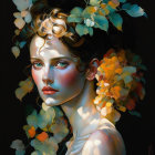 Vibrant painting of woman with floral crown and butterfly