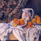 Vibrant still life painting with table, fruit, jug, glassware, flowers, and birds