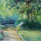 Sunlit Park Painting with Lush Trees and Winding Path