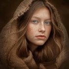 Portrait of young woman with wavy hair, freckles, and patterned shawl