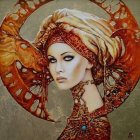 Fantastical digital artwork of woman with ornate gold headdress and butterfly wings