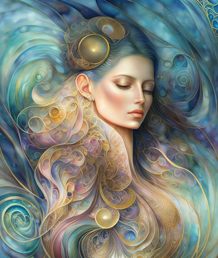 Surreal portrait of woman with golden adornments and swirling blue patterns