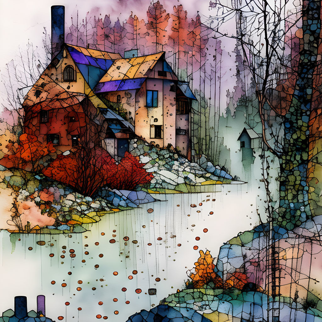 Colorful watercolor-style illustration of whimsical houses and trees with a reflective water backdrop.