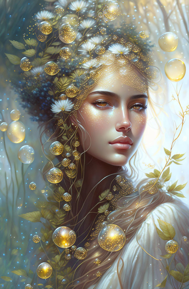 Fantasy illustration of a woman with luminous flowers and light orbs in her hair