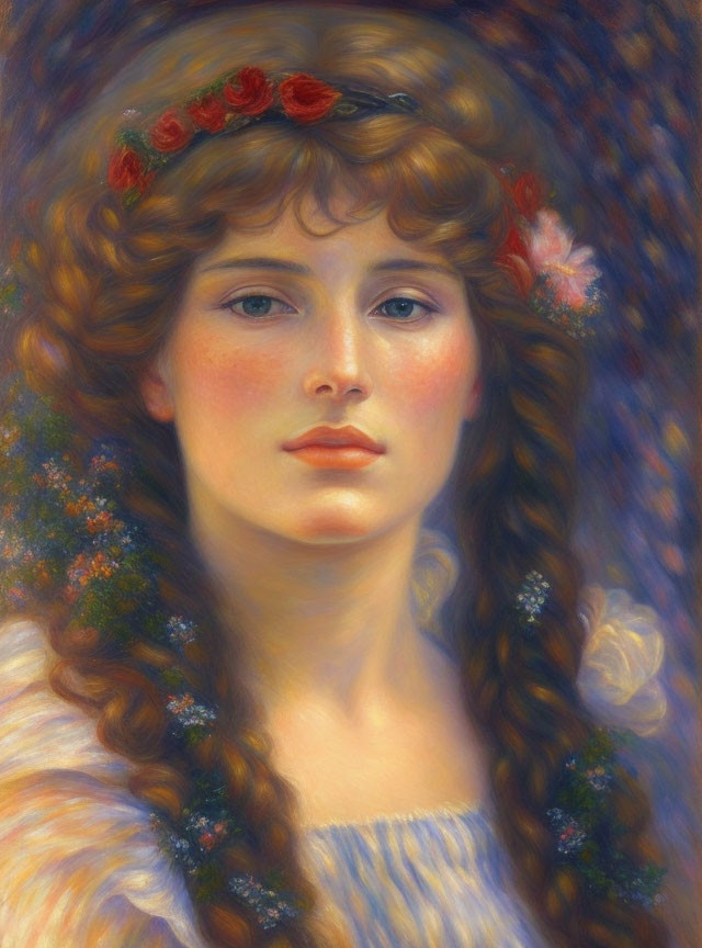 Portrait of young woman with long wavy brown hair and flower wreath, dreamy blue eyes,