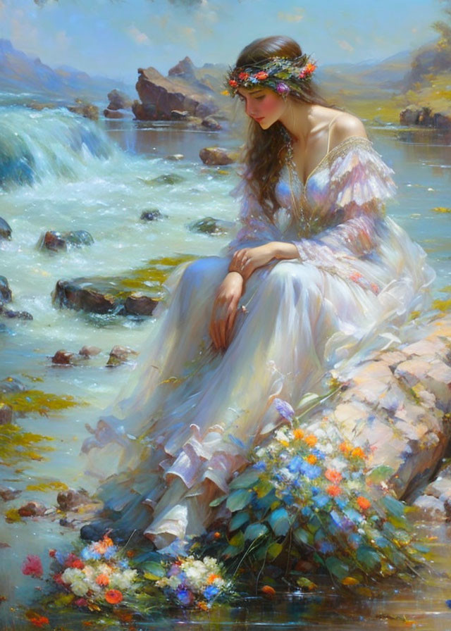 Woman with floral crown by sparkling river in translucent gown