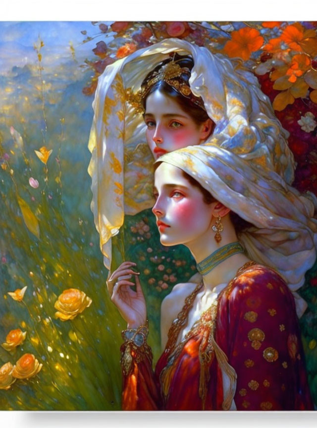 Ethereal Women in Ornate Headdresses Amid Flower Meadow