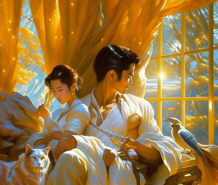 Tranquil scene with two people, bird, and cat in golden setting