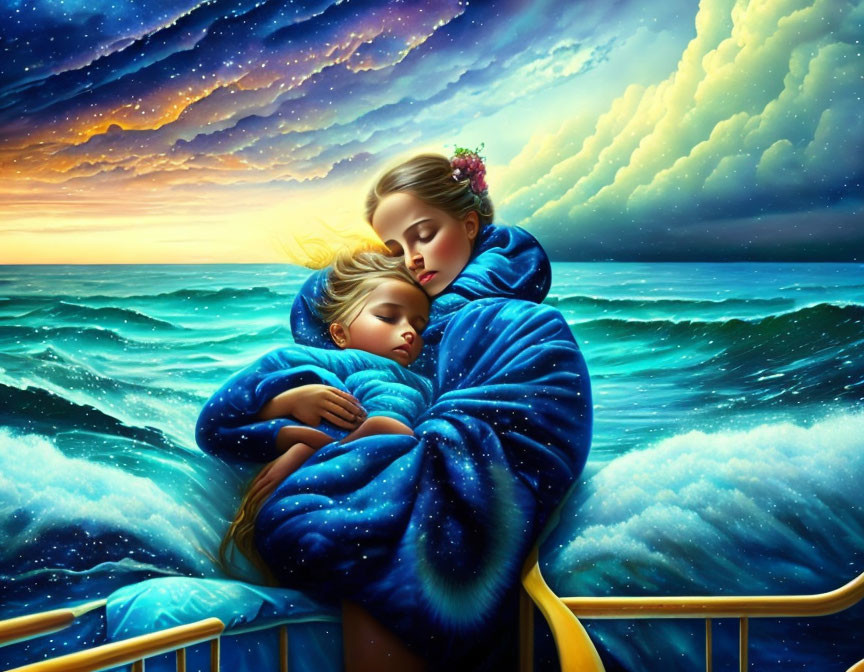 Mother and child embrace under twilight sky on boat at sea