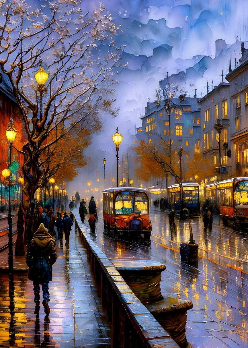 Dusk scene: Rainy street with lampposts, pedestrians, moving tram, and cloudy