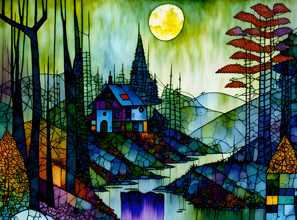 Colorful Cottage Among Trees: Stained Glass Style Illustration