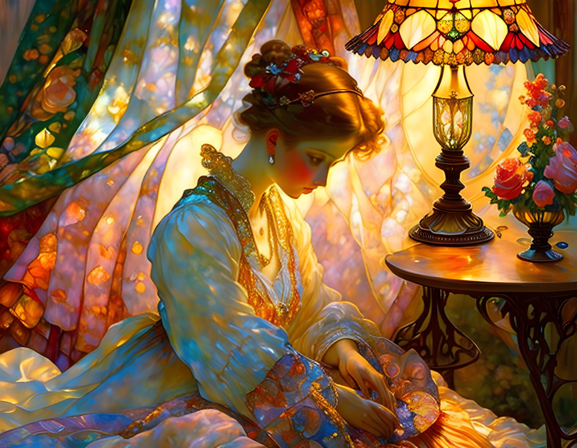 Illustrated woman in vintage dress by stained-glass lamp and rich curtains