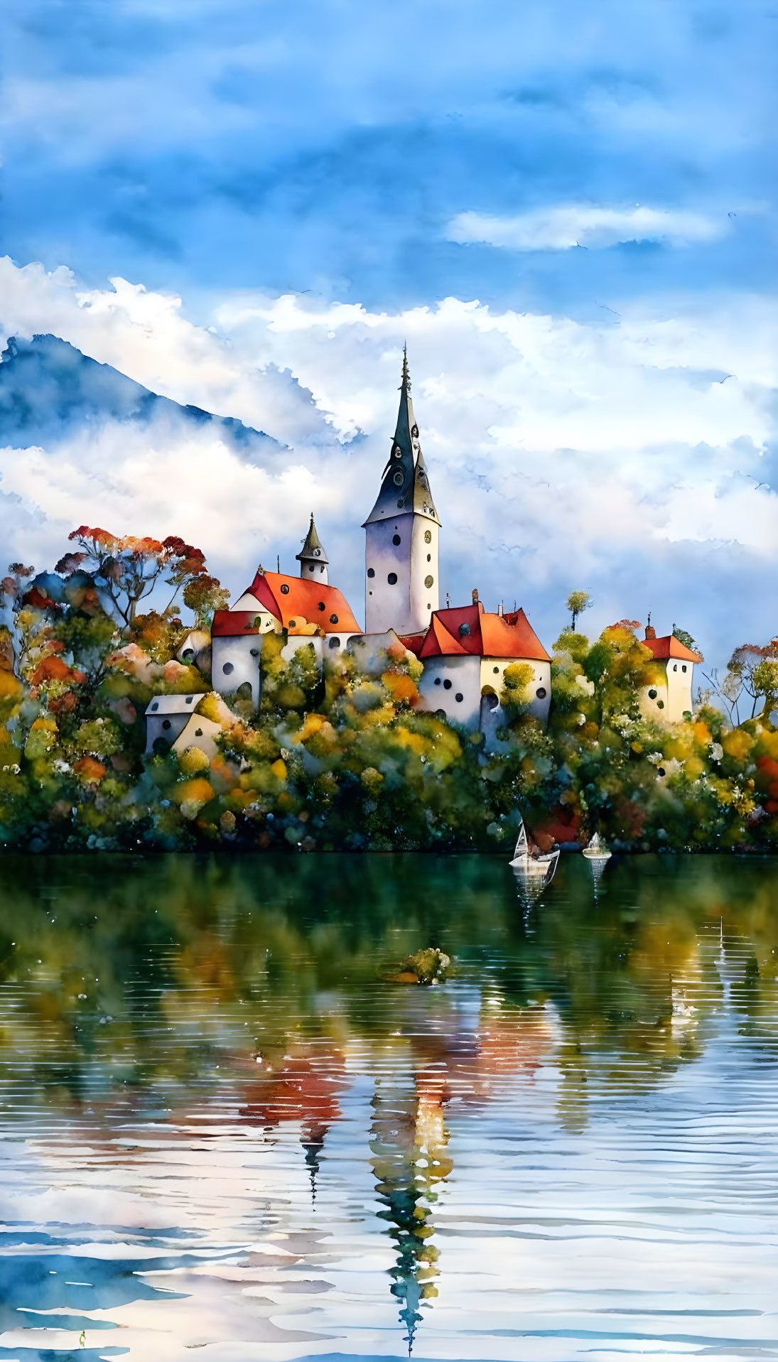 Scenic watercolor of lakeside village with church spire and autumn trees