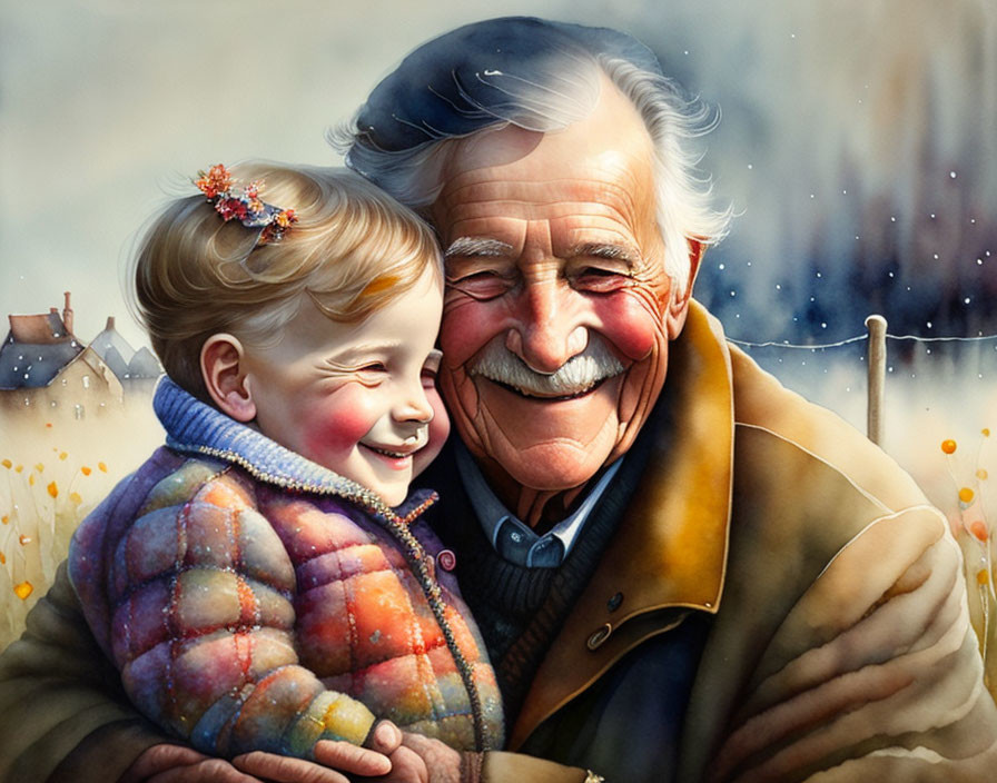 Elderly man and young girl share tender moment of laughter