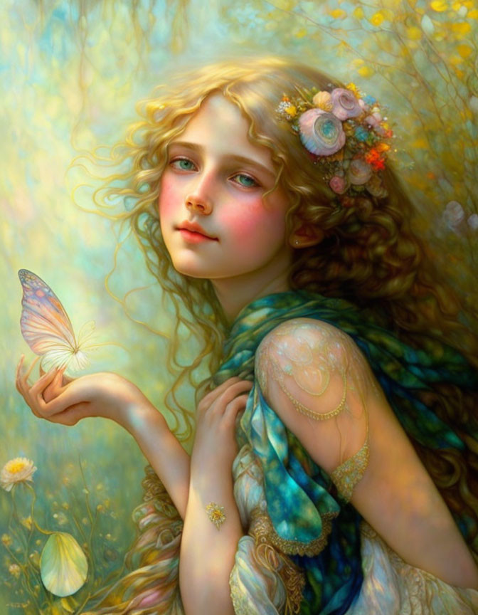 Whimsical young girl with wavy blond hair holding butterfly in soft glow