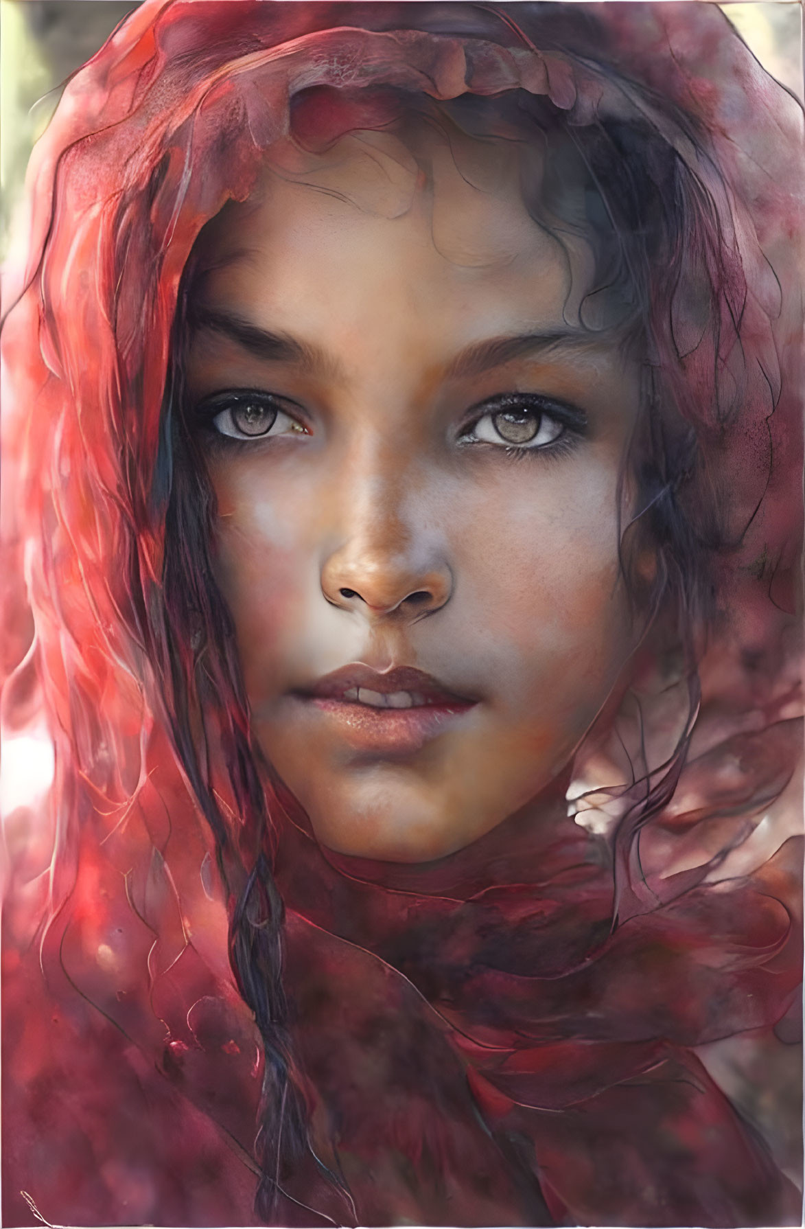 Detailed close-up portrait of young girl with red veil showcasing captivating eyes.