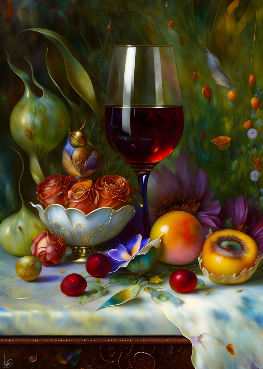 Colorful Still Life Illustration with Red Wine, Flowers, Fruits, and Bird