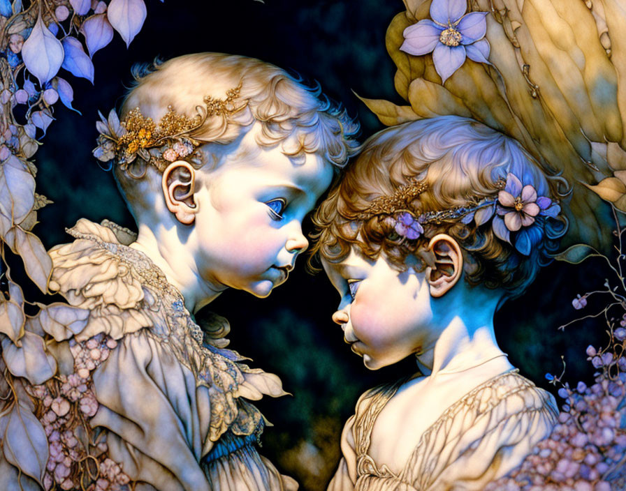 Golden-winged angelic children in close encounter with floral crowns amidst purple flowers.