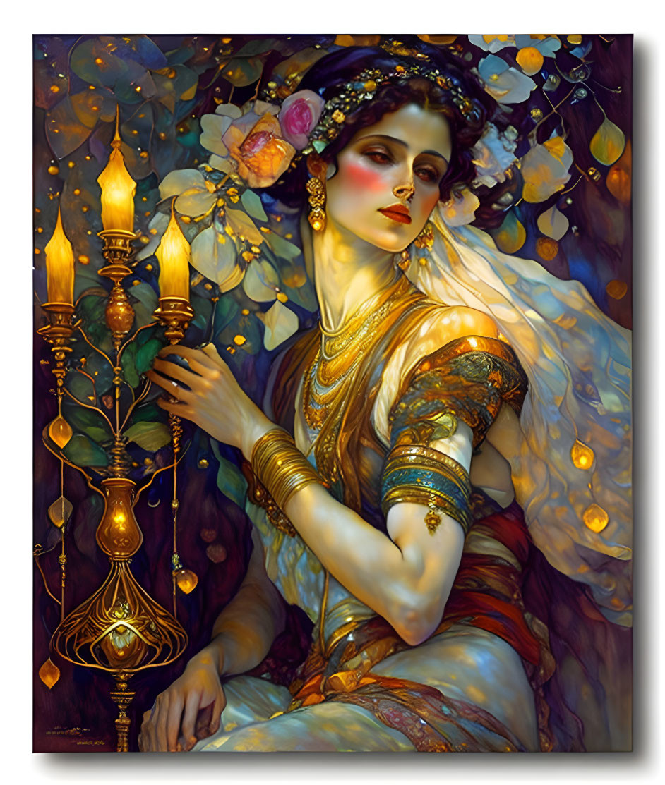 Elegant woman with gold jewelry in ethereal setting