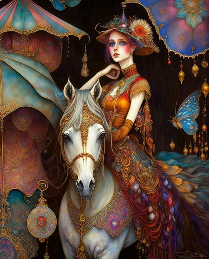 Colorful woman and horse under carousel canopy