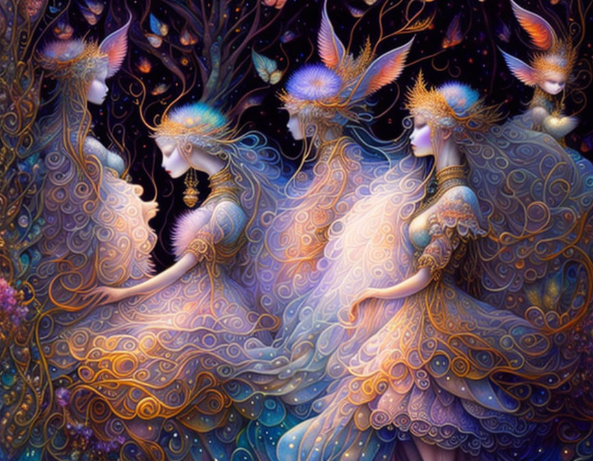 Ethereal beings in ornate attire on starry background