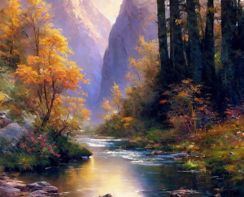 Tranquil autumn river landscape with vibrant fall colors.