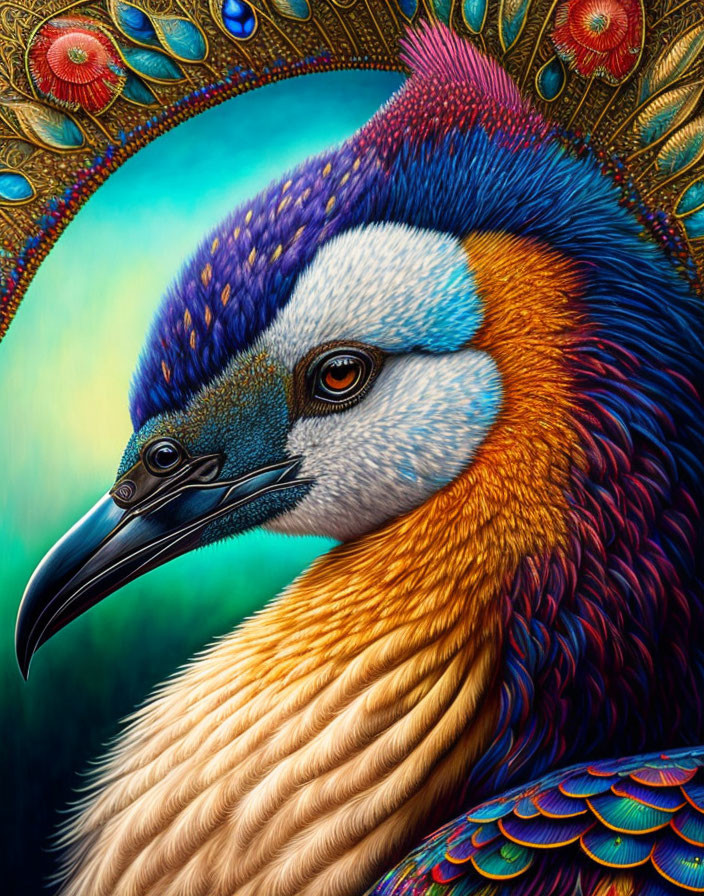 Detailed Multicolored Bird Illustration with Ornate Backdrop