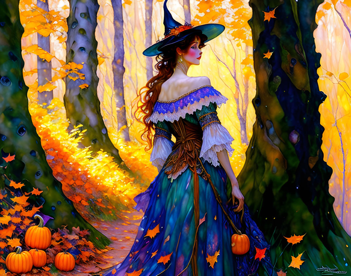 Woman in Blue and Purple Witch Costume in Magical Autumn Forest