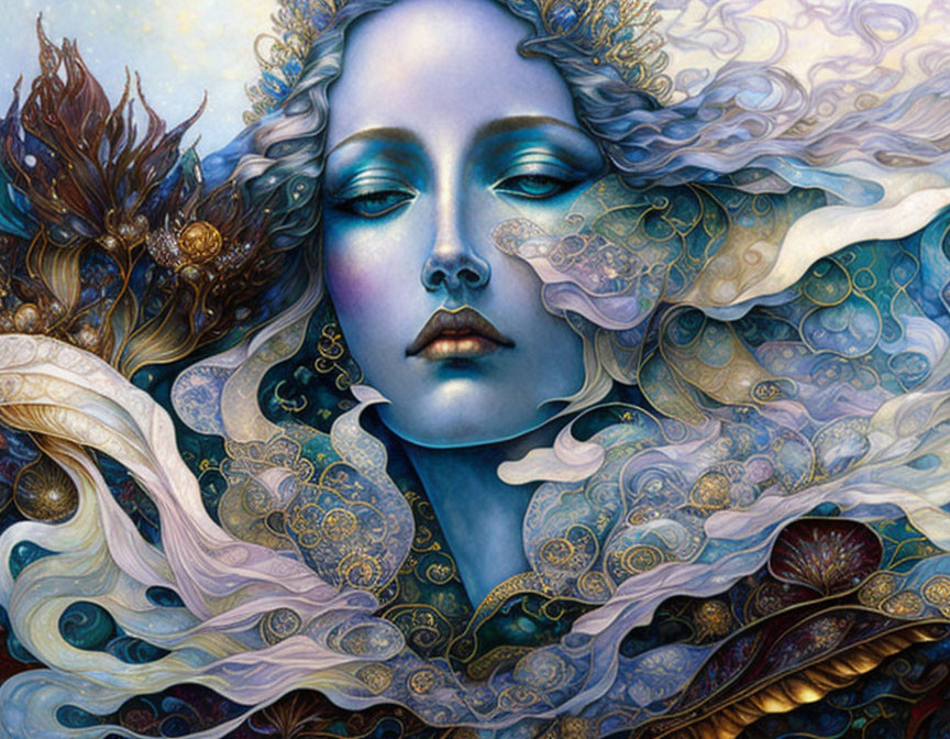 Ethereal artwork of serene woman with blue skin and intricate gold patterns