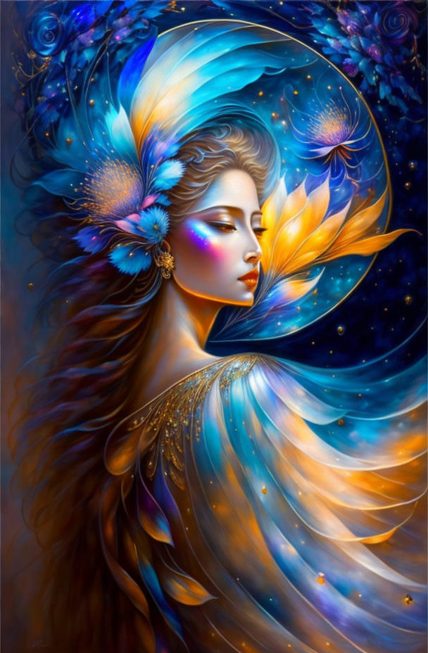 Woman with Golden Hair in Blue Garment on Cosmic Background