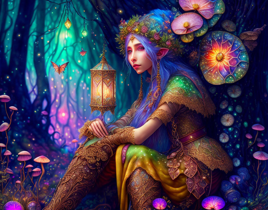 Blue-haired elfin creature with lantern in enchanted forest surrounded by glowing flora.