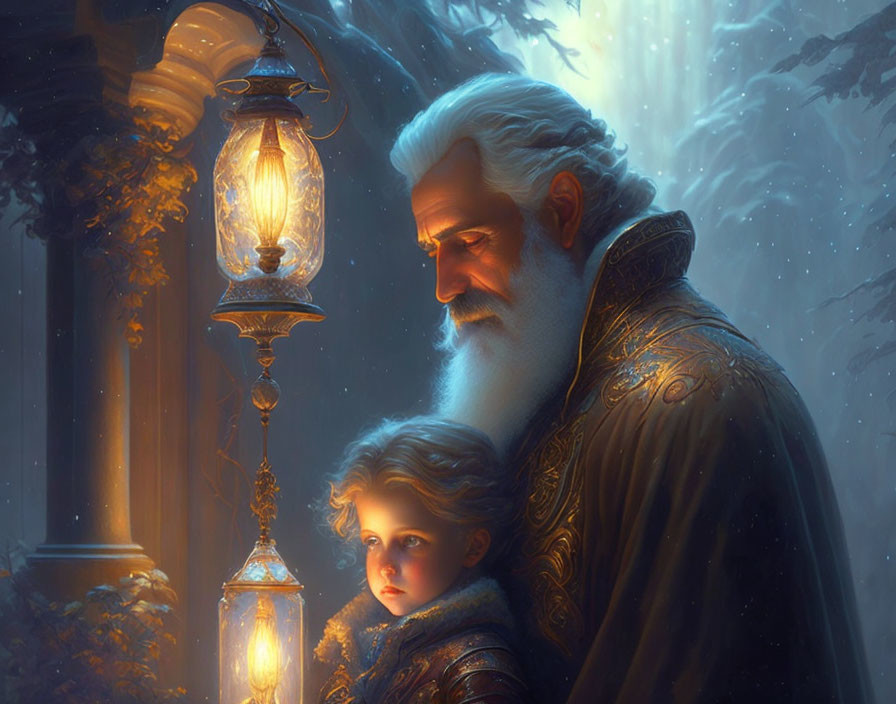 Elderly man with white beard holding lantern near child in snowy forest