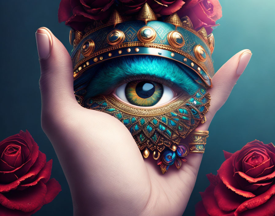 Decorative eye with gold and gemstone eyelids held in hand with red roses background