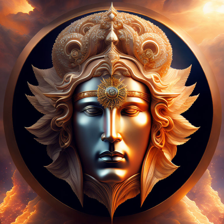 Symmetrical dual-faced figure with golden and silver headgear against fiery sky backdrop