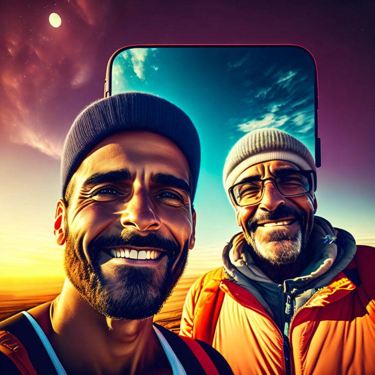 Two men taking a selfie at sunset: one young in a beanie, the other older with glasses