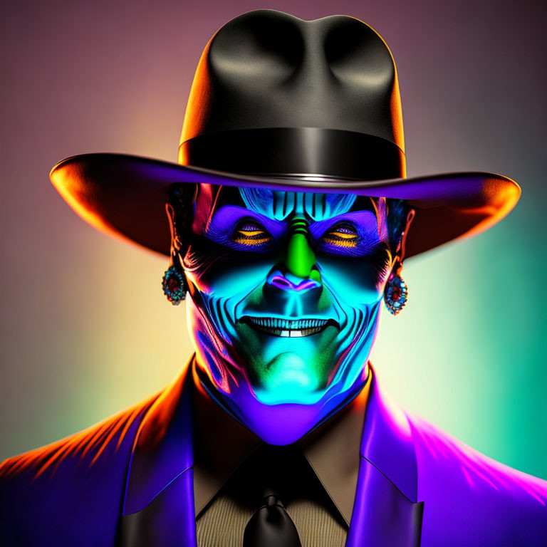 Vibrant portrait of a person with neon glow, hat, earrings, and suit on gradient backdrop