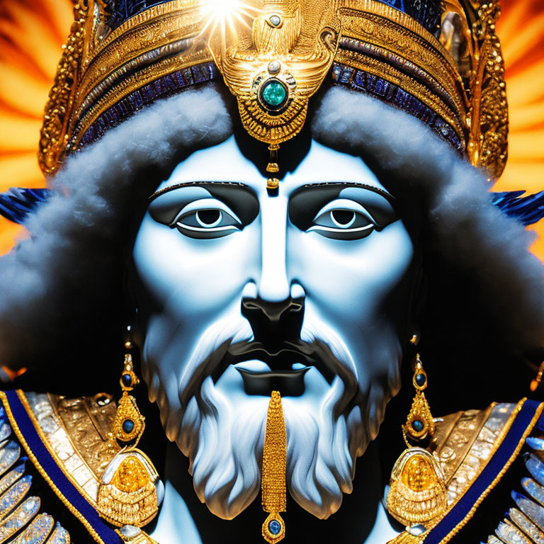 Character with Blue Skin and Regal Crown in Blue and Gold Attire