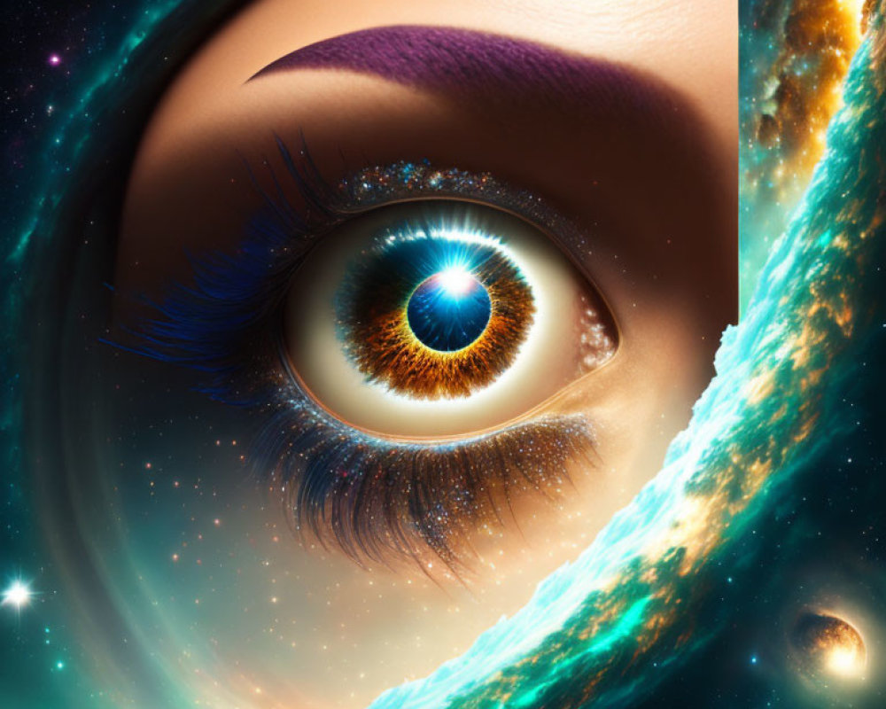 Stylized blue mascara eye on cosmic background with stars, galaxies, and nebulae