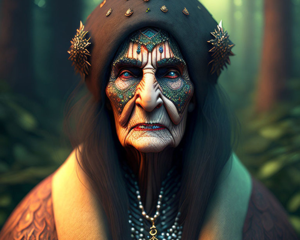 Elderly woman with facial tattoos and piercings in forest setting