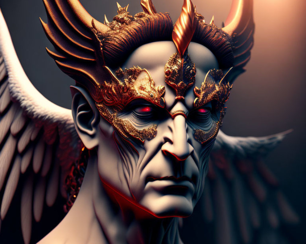 Fantasy-themed digital art: Character with golden horned mask, wings, brooding expression