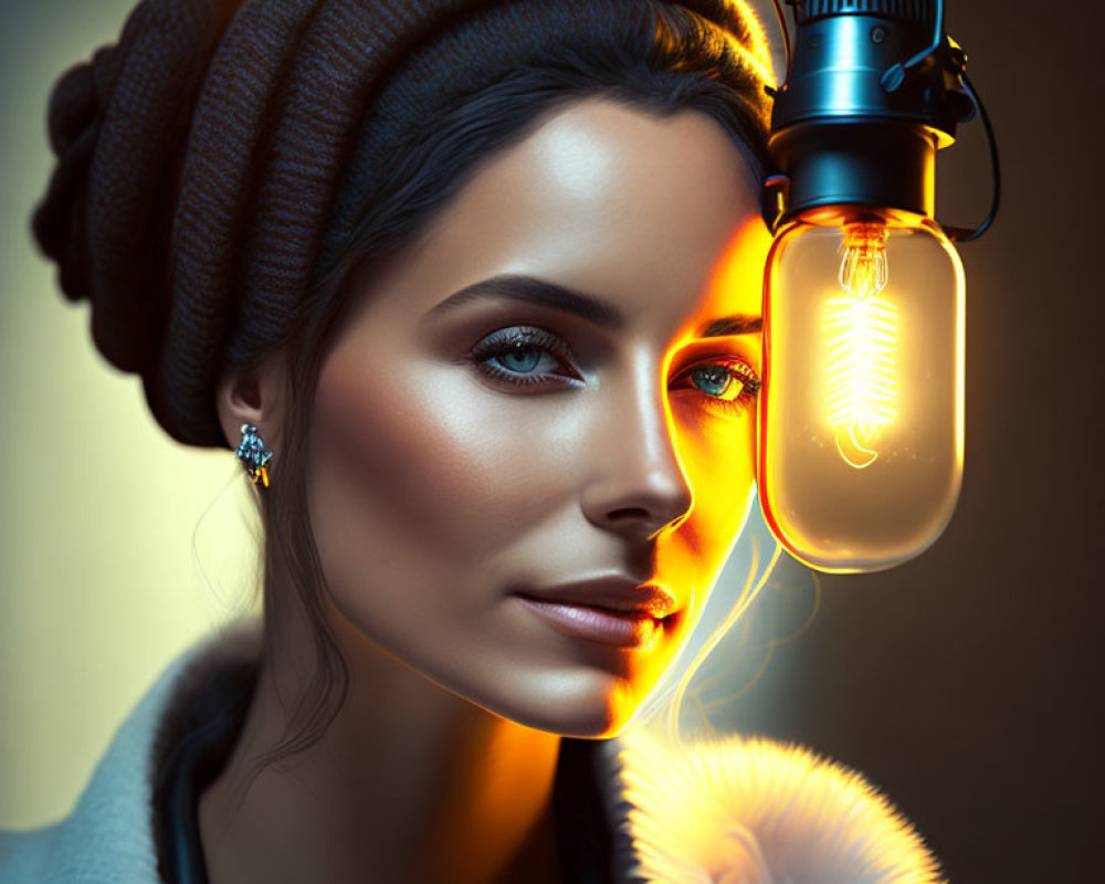 Woman in brown headwrap with glowing light bulb illuminating face