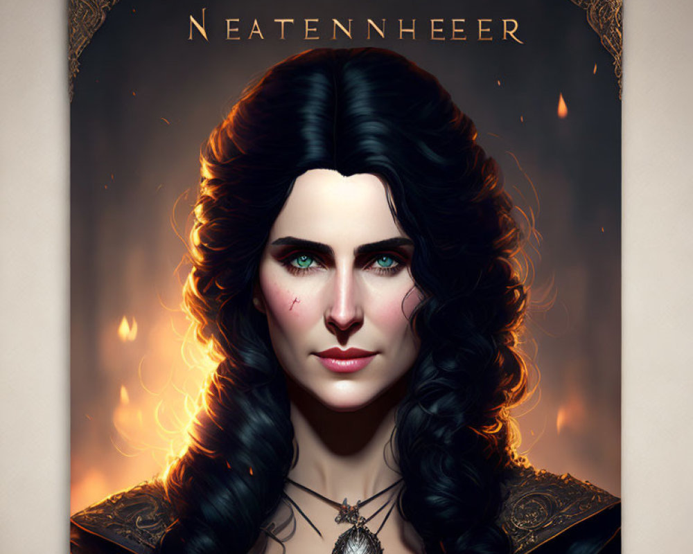 Digital portrait: Woman with black hair, green eyes, pendant, flames, "Neatennhe