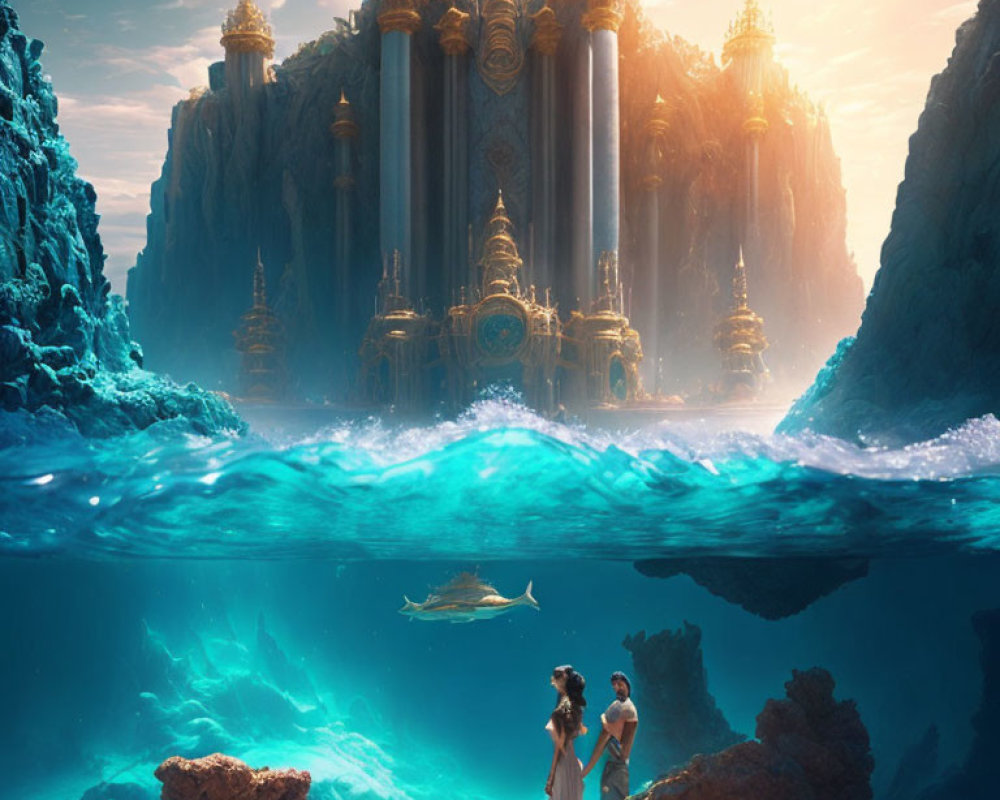 Couple admiring grand underwater city with towering structures in mystical glow.